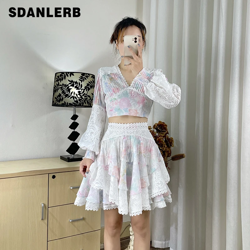 

2021 New Summer Student Girl Two Piece Suit Long Sleeve Shirt Backless Lace-up Short Crop Top Mini Skirt Women Print 2-Piece Set