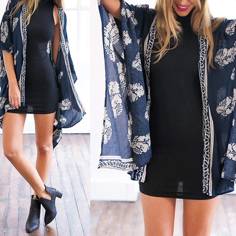 

Vintage Blue Kimono Cardigan Women Seven-Points Sleeve Irregular Tunic Open Front Loose Boho Jacket Coat Mujer