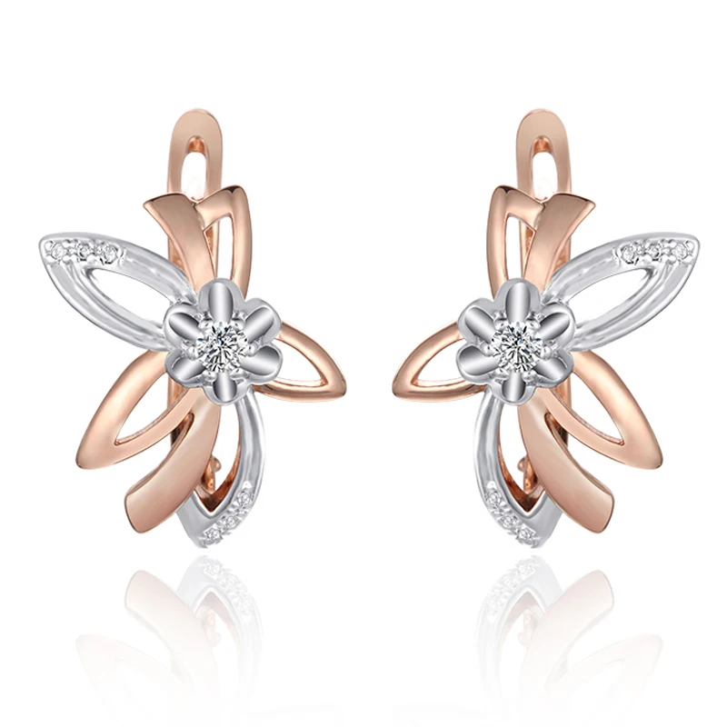 Женские серьги-подвески FJ с белыми цветами цвета розового золота 585 пробы |