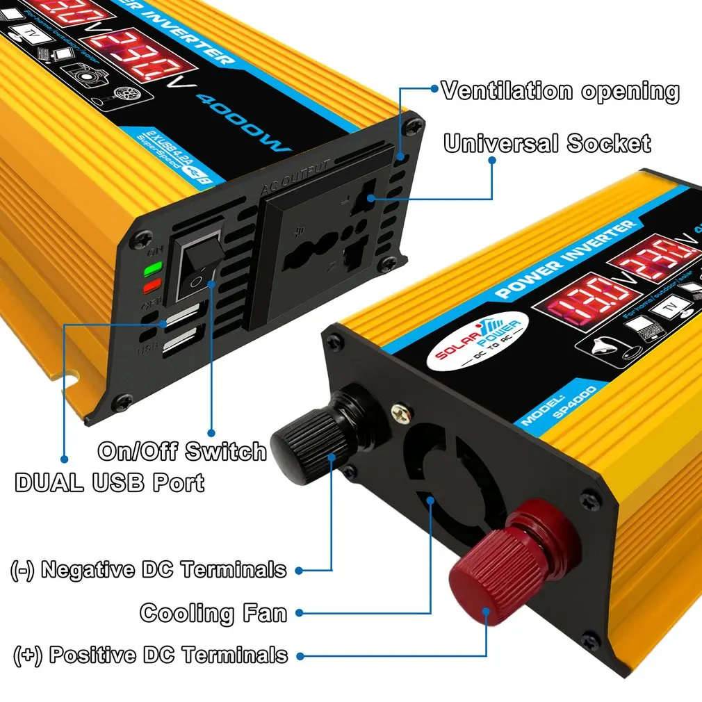 

New 4000W 12V 220V/110V LED Ac Car Power Inverter Converter Charger Adapter inversor Dual USB Transformer Modified Sine Wave