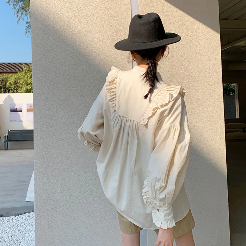 

GALCAUR Casual Shirts For Women Stand Collar Puff Long Sleeve Solid Patchwork Single Breasted Blouses Female Summer Clothes 2021
