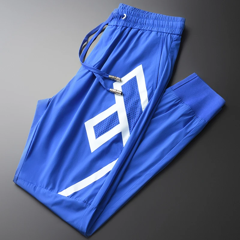 

Брюки мужские шелковистые до щиколотки, дышащие облегающие штаны с вырезами, дышащие, синие, 4XL, на лето