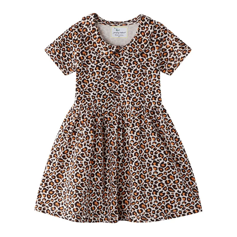 Jumping Meters Children's Leopard Print Girls Dresses Summer Collar Baby Cotton Clothes Short Sleeve Kids Tutu | Детская одежда и