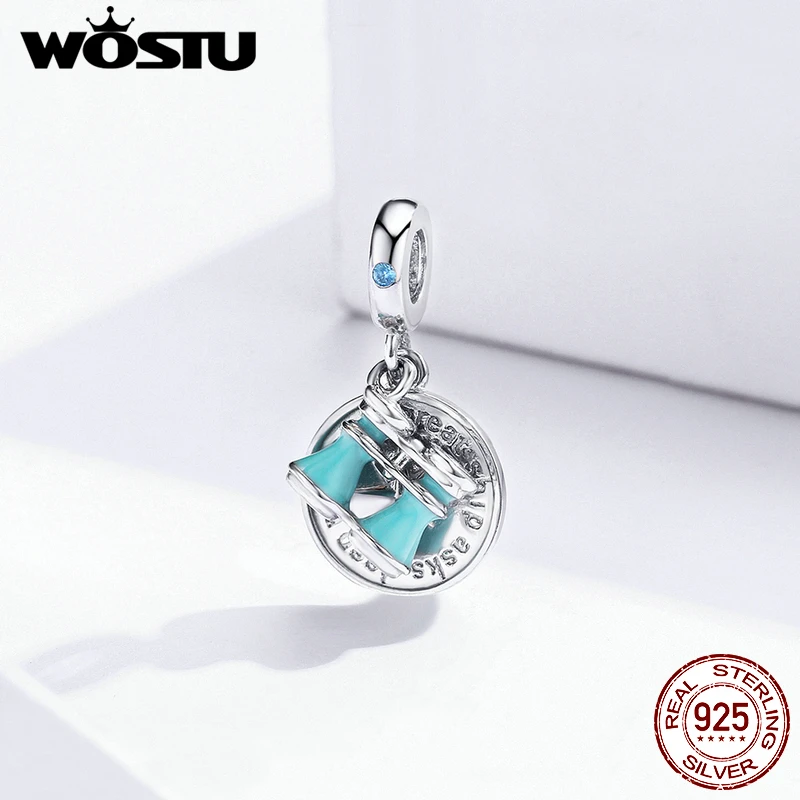 WOSTU 925 стерлингового серебра телескоп и компас амулеты Синий Эмаль Бусины