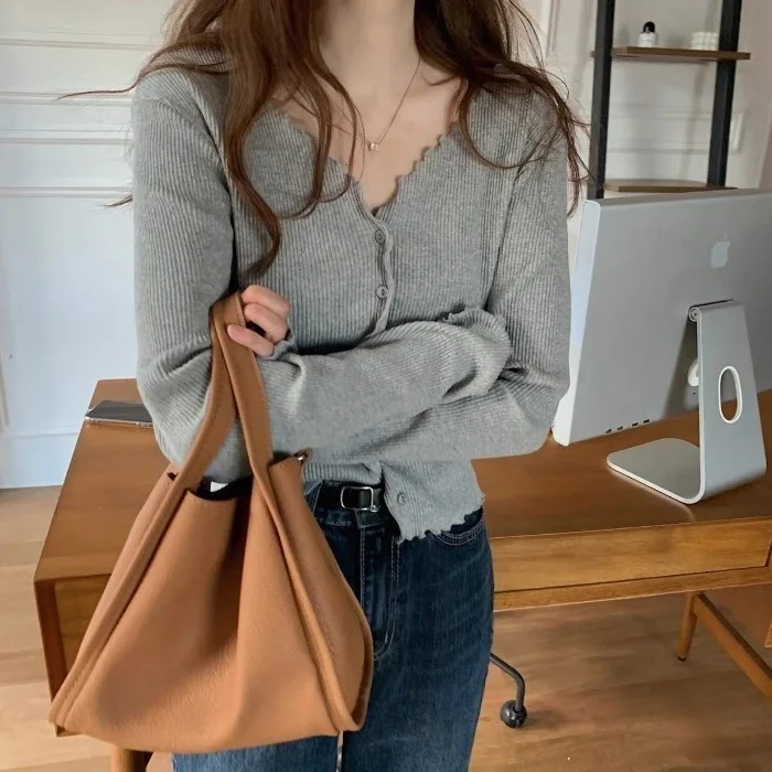 

Корейский Unif Кардиган Женская одежда симпатичный волнистый V-образный вырез длинный рукав однобортный стрейч стройнящий полосатый хлопок