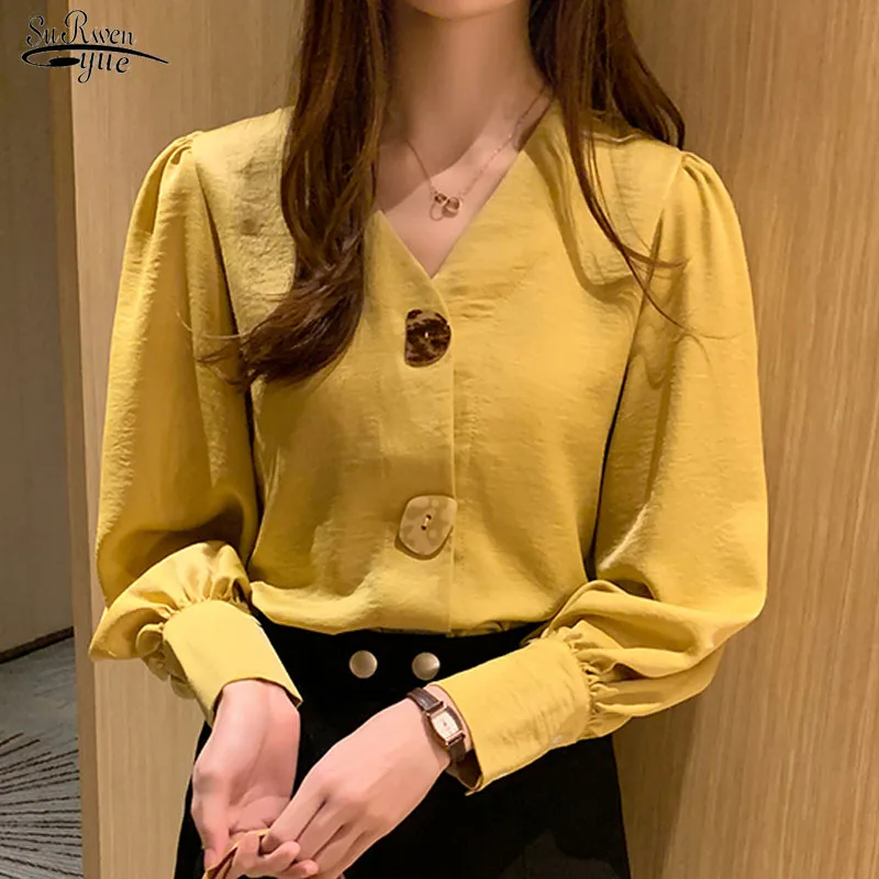 

Lantern Long Sleeve Office Lady Clothes with Button V-neck Women Shirt Solid Women Tops Blouse All-match Korean Tops blusa 10567