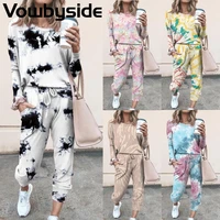 spring and autumn new womens sports suit tie dye loose long sleeved round neck t shirt casual pant sets