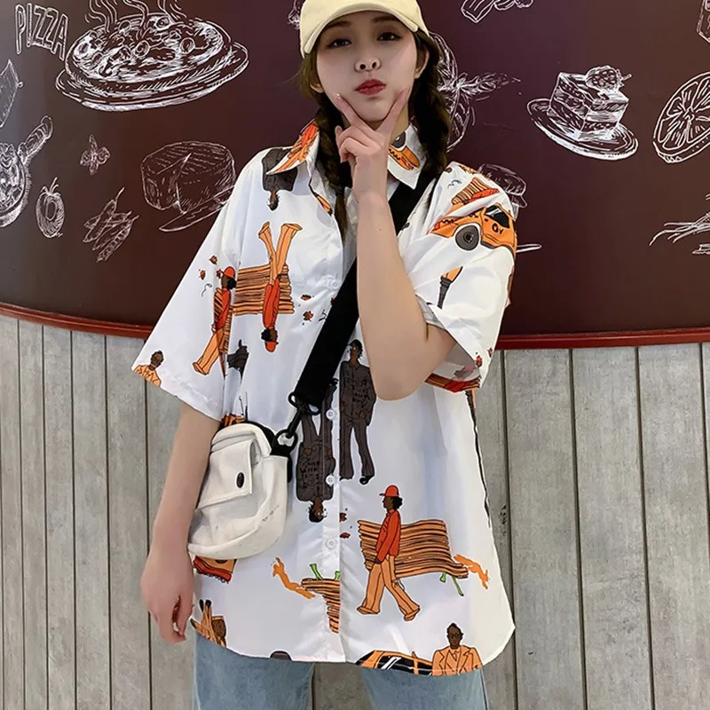 

2020 Personality Cartoon Print Shirt Retro Style Short Sleeve Women Blouses Fashion Loose Turn-down Collar Shirts Casual Tops