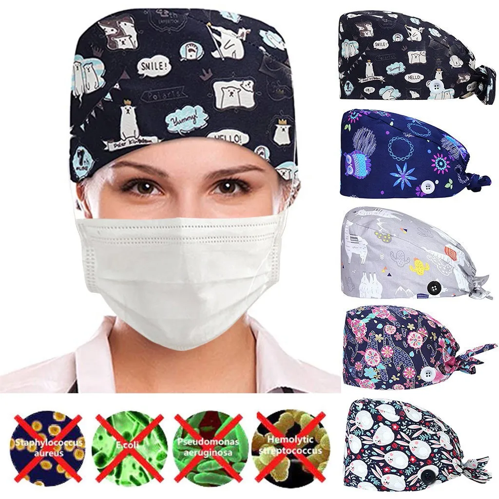 

Fashion Printed And Cute Animal Button printing cotton operating room hat doctor nurse hat beautician dust-proof gourd hat