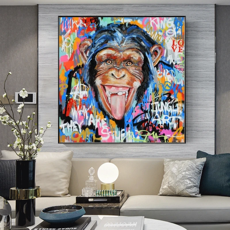 

Funny Monkey Pop Street Art Posters And Prints Abstract Animals Graffiti Art Canvas Paintings On the Wall Art Picture Home Decor