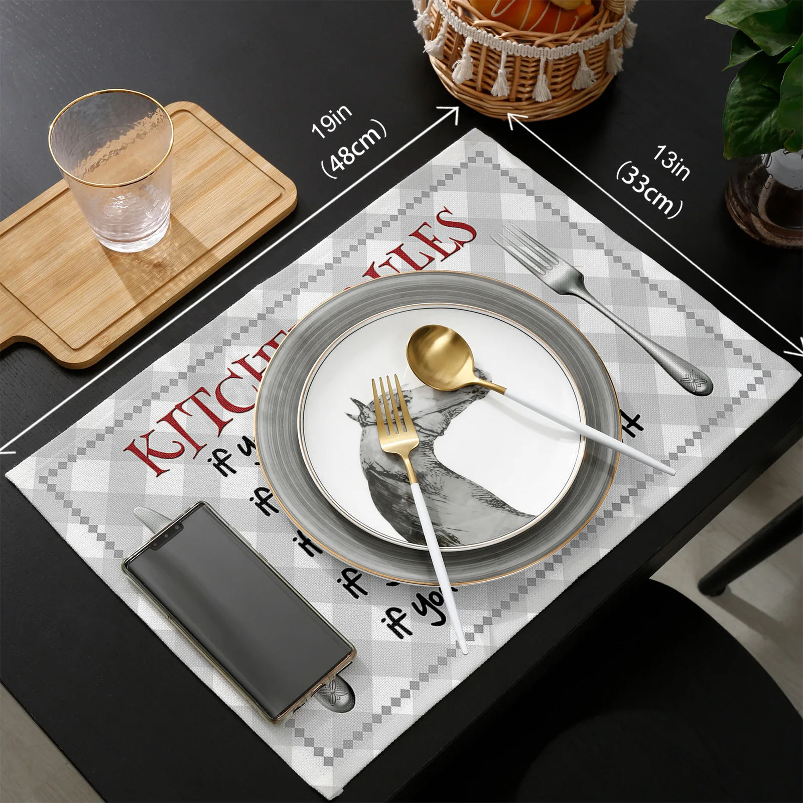 

Kitchen Rule Knife And Fork Plaid Table Runner Set Wedding Table Decoration Home Kitchen Dining Table Decor Placemats