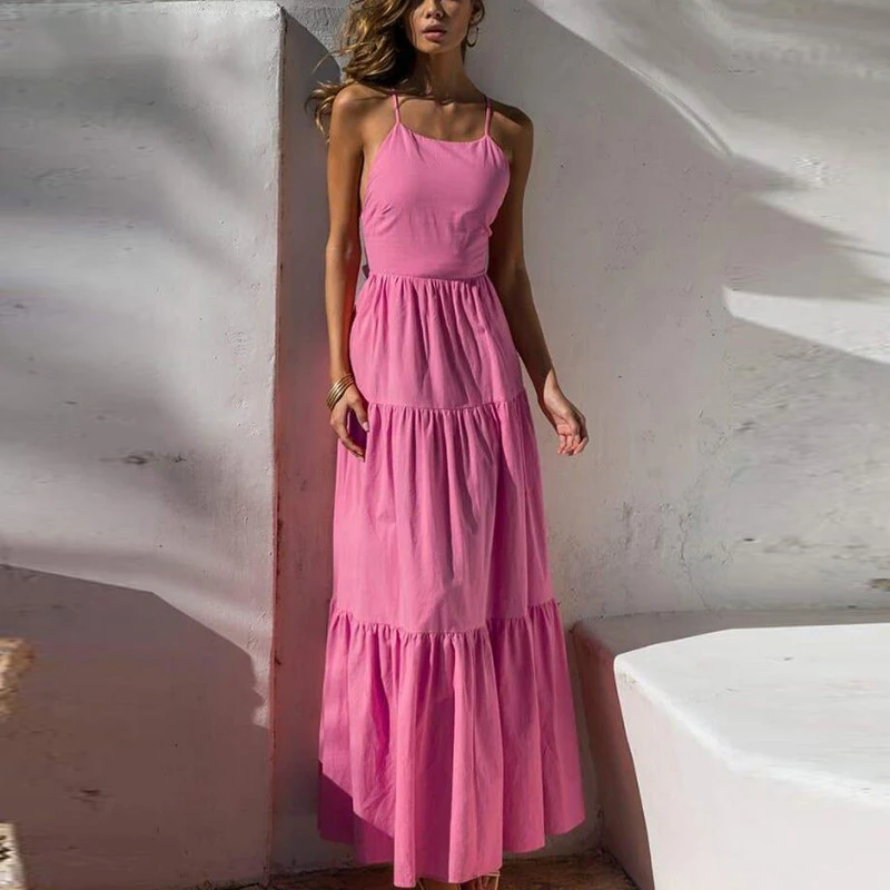 

Женское длинное плиссированное платье с открытыми плечами, свободное однотонное пляжное платье макси без рукавов с открытой спиной и перек...