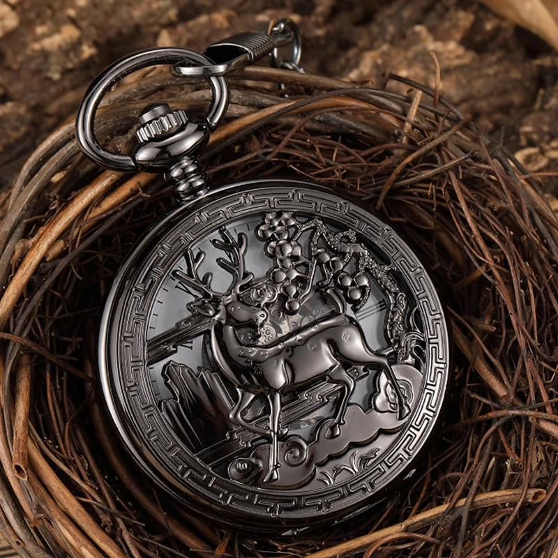 Black Deer Mechanical Pocket Watch Skeleton Vintage Antique Luxury Hollow Case Animal Engraved Male Fob Chain Clock for Men