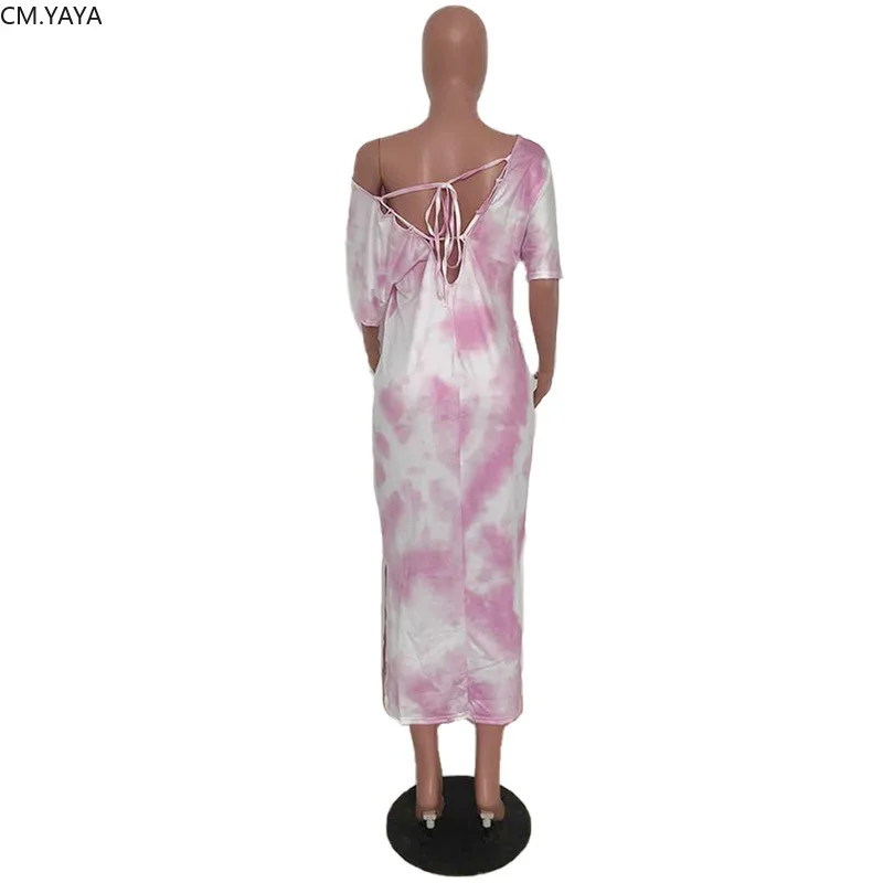 CM.YAYA women tie dye lace up back off shoulder slim maxi long dress | Женская одежда