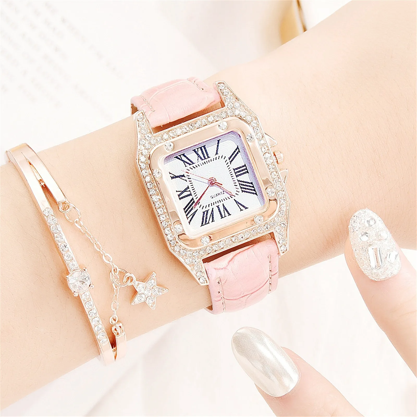 

Luxury Diamond Square Dial Watches For Women Fashion Star Bracelet Leather Strap Quartz Wrist Watch Set Relogio Feminino