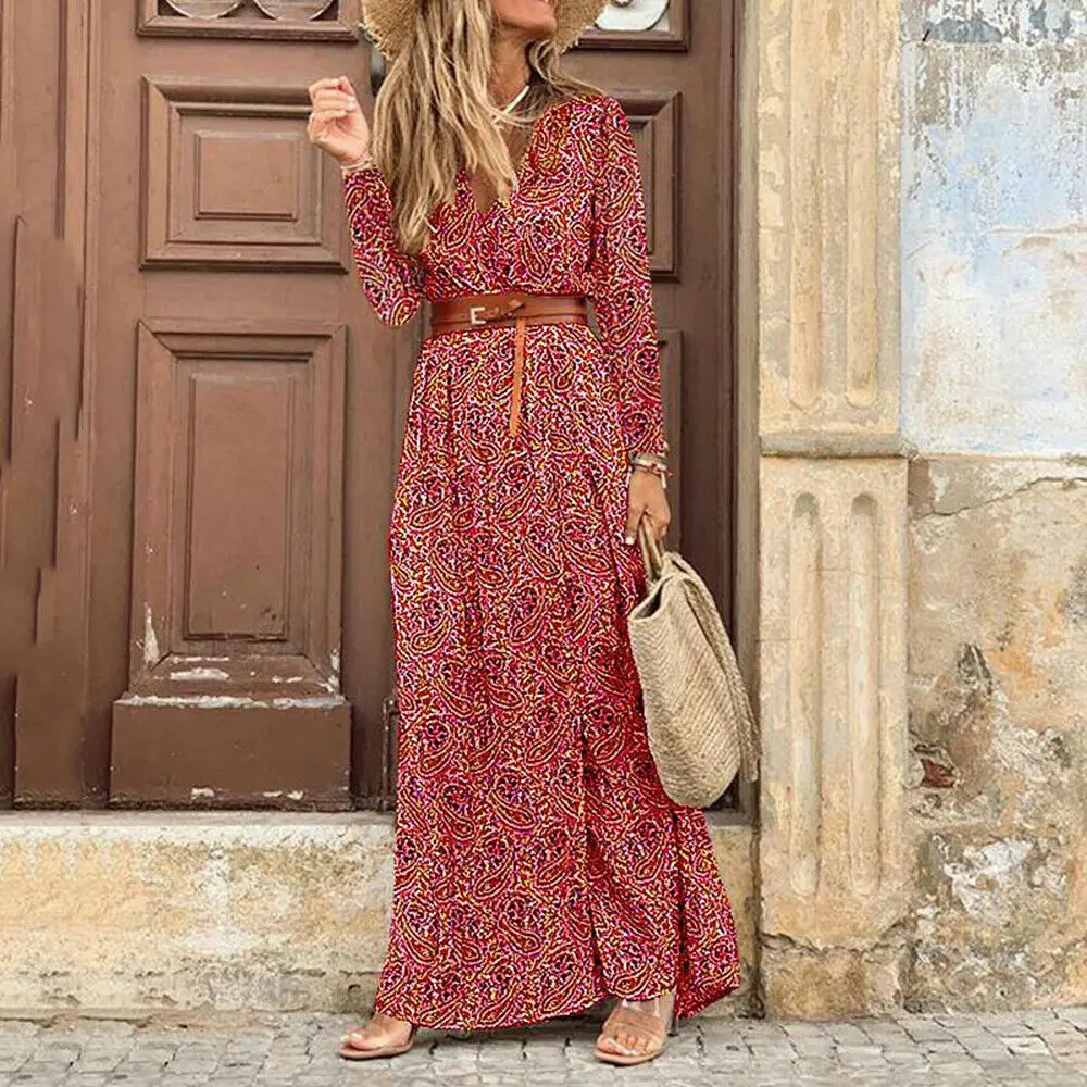 

Summer Female Long Triangle Neckline Dress Sexy Bohemian Women Outfit Belted Party Bohemian Beach Vacation New