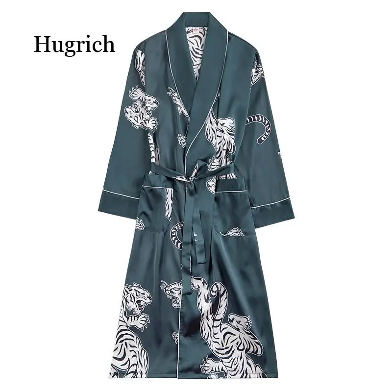 Two-Pieces Silk Nightgown Satin Male Sleepwear Loose Tiger Dress Silky Long Sleeve Robe and Long Pants Bathrobe Set for Men
