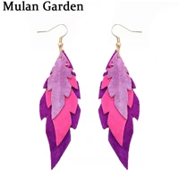mg 13 patterns new trendy multilayer leaf genuine goat leather copper earrings creative fashion colorful women accessories gift