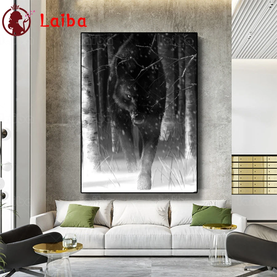 

Алмазная вышивка с животными Черный волк в снегу, алмазная живопись, полная квадратная круглая мозаика, вышивка крестиком, настенное искусс...