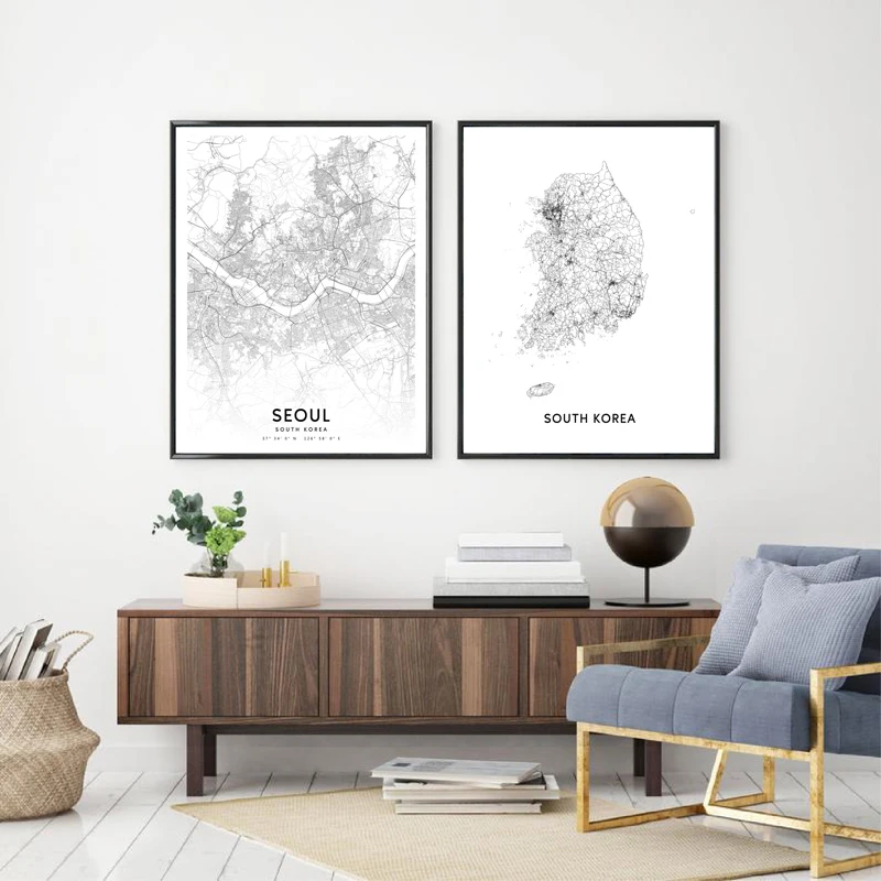 Черно-белый плакат с картой Южной Кореи Художественная печать уличная Дорожная