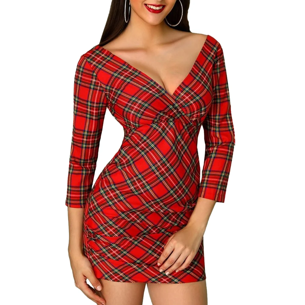 

Christmas Fashion Plaid Dress Women Sexy Dresses Deep V Neck Slim Party Dress Elegant Three Quarter Sleeve Bodycon Short Dress