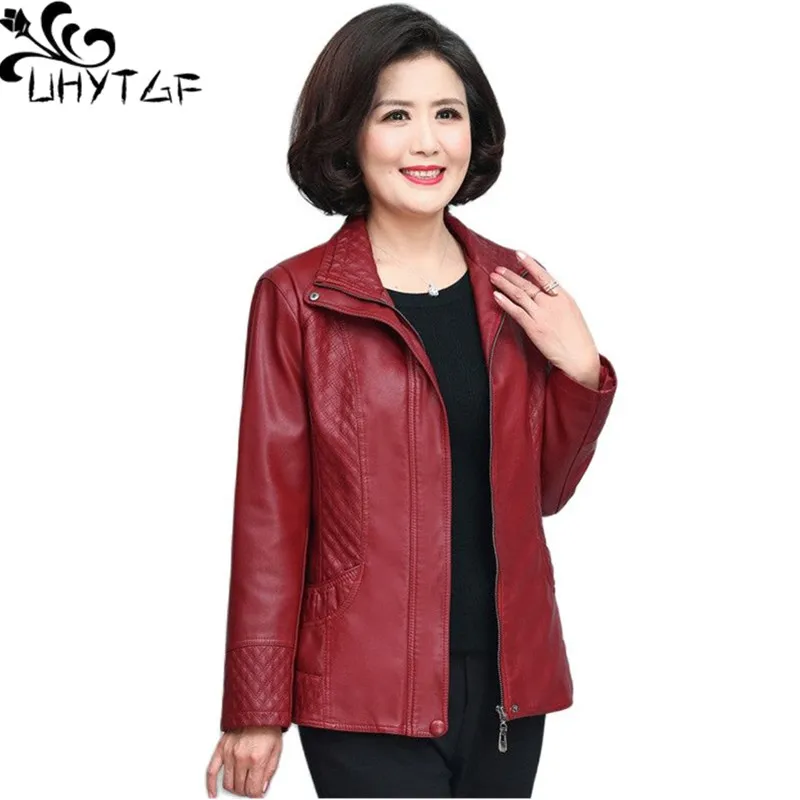 UHYTGF Quality PU Leather Spring Autumn Leather Jacket Middle-Aged Elderly Womens Short Tops Casual Mom 6XL Loose Size Coat 2341