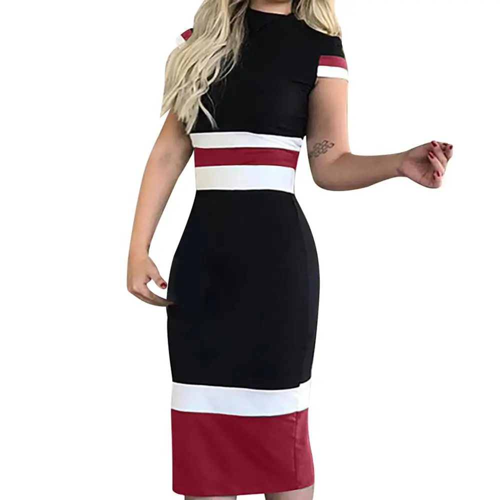 Женское облегающее платье миди в полоску с коротким рукавом|Вечерние костюмы| |