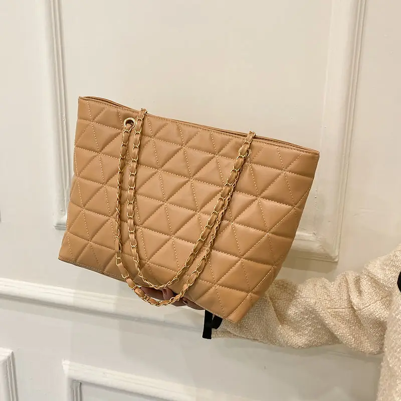 

Women'S Leather Quilted Chain Shoulder Bag Office Design Tote Handbags Quilted Large Black Work Tote Bag With Zipper For Women