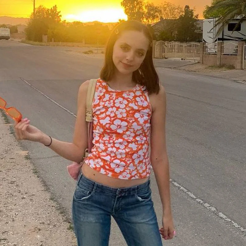 

Flower Printed Orange Contrast Y2K Cute Tank Top Women Harajuku Sweet Sleeveless Camisole Vintage 90s Aesthetic Vest Iamhotty