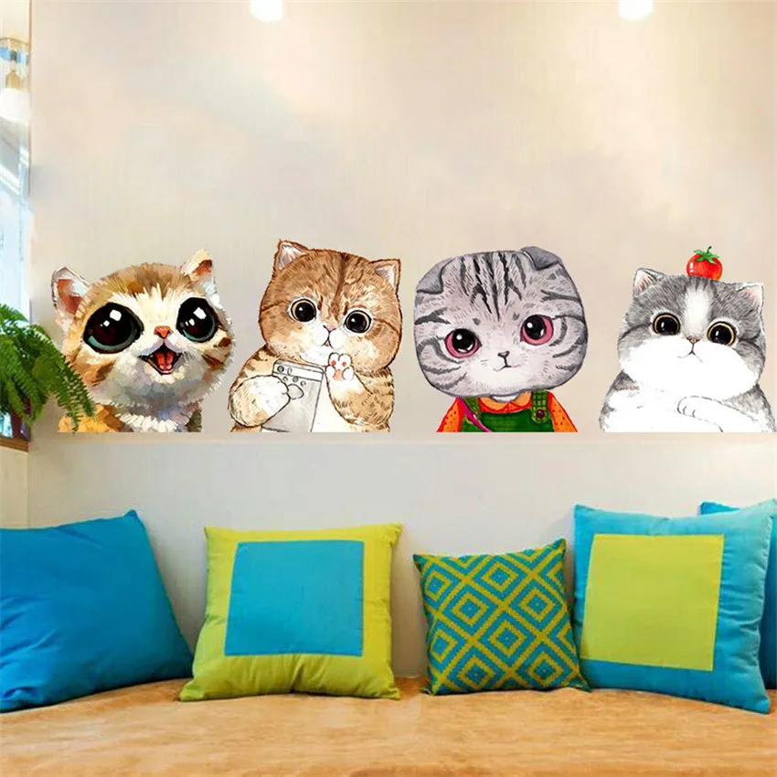 Cartoon watercolor cats Wall Stickers DIY Animal Decal for Kids Room Nursery background Wardrobe Door Decoration wallpaper | Дом и сад