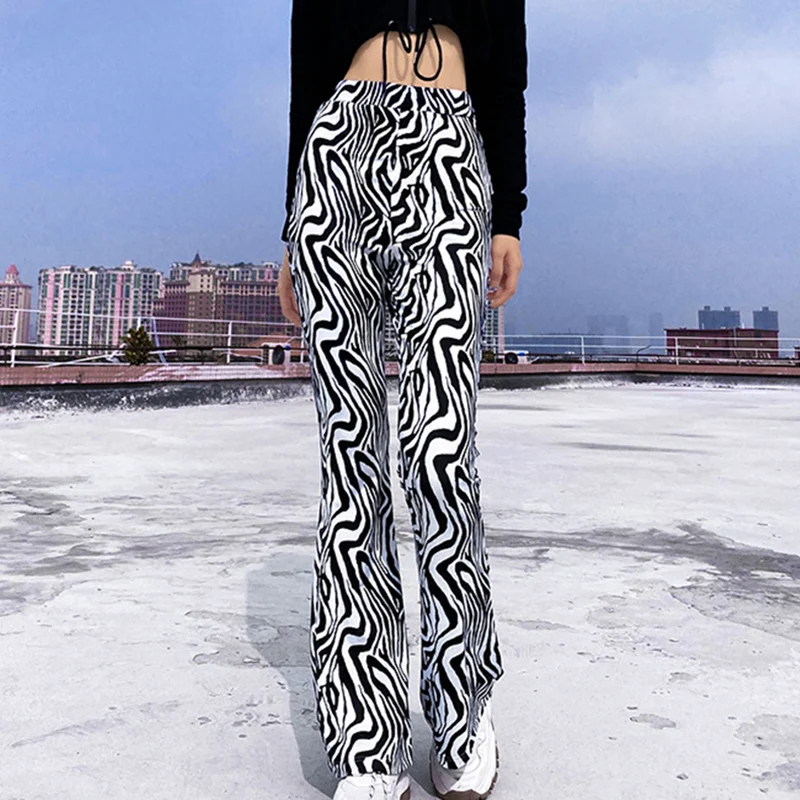 

Women's High-waist Straight-leg Trousers with Zebra-stripe Mopping Loose Wide-leg Pants Striped Print Slacks d88