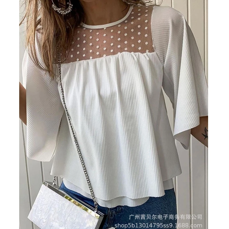 

WEPBEL Solid Color Mesh T-shirt Women's Sexy Lace Stitching T-shirt Summer Fashion Short Sleeve O-Neck Pleated T-shirt