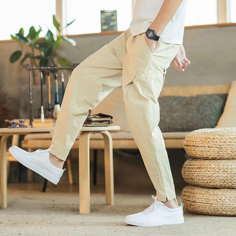 

#8049 Summer Cotton Linen Pants Men Plus Size 5XL Ankle-length Thin Vintage Casual Pleated Cotton Linen Trousers Elastic Waist