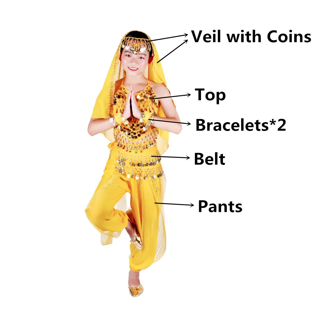Yellow 6pcs Костюмы для танца живота, для детей, для восточных танцев, для девочек, для танца живота, индийский комплект для танца живота, одежда для танца живота, для детей, индийский, 6 цветов - Color: Yellow 6pcs