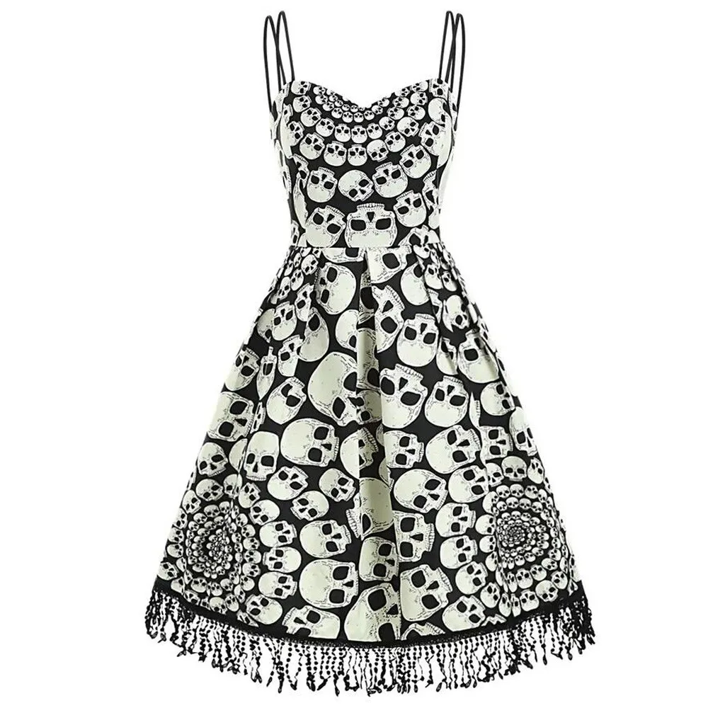 Женское винтажное платье на Хэллоуин с бахромой и принтом черепа 39 S белое