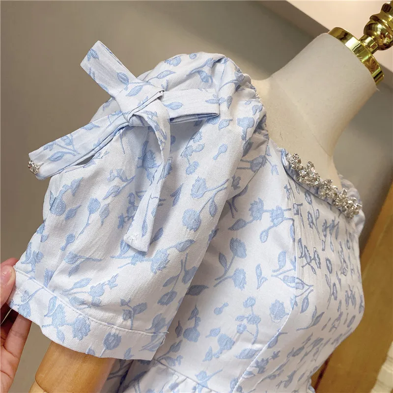 

Korea New Fashion 2021 Women Summer Dress Square Collar Bow Puff Short Sleeve Beading Jacquard White Casual Mini Dress