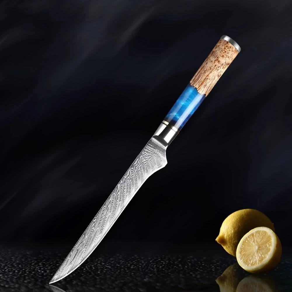 

Damascus Steel VG10 Boning Knife Chef Knife Raw Fish Fillet Salmon Kitchen Knife Blue Resin Color Wood Handle Cooking Tool