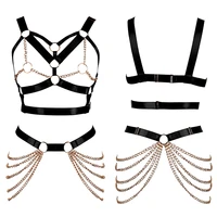 2 piece set black body harness bra strap tops chest cage belt gold metal chain sexy lingerie garter punk goth adjust dance rave