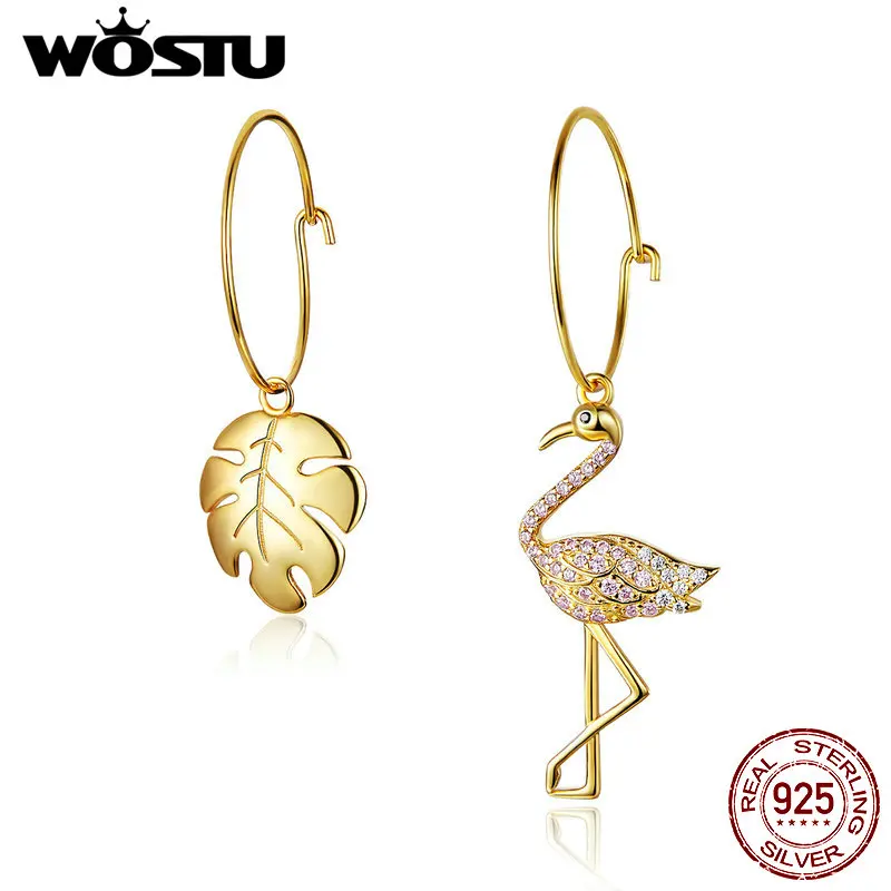 WOSTU, тропический стиль, фламинго и листья, висячие серьги, 925 пробы, серебро, для женщин, золотой цвет, висячие серьги, роскошные ювелирные изделия CTE077