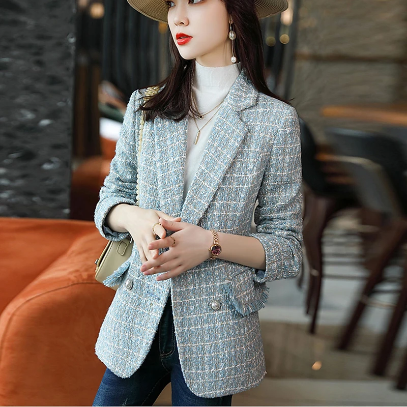 Autumn Winter New Plaid Woolen Coat Retro Double-Breasted Pure Color Tweed Jacket Elegant Women's Blazers Jacket s1267