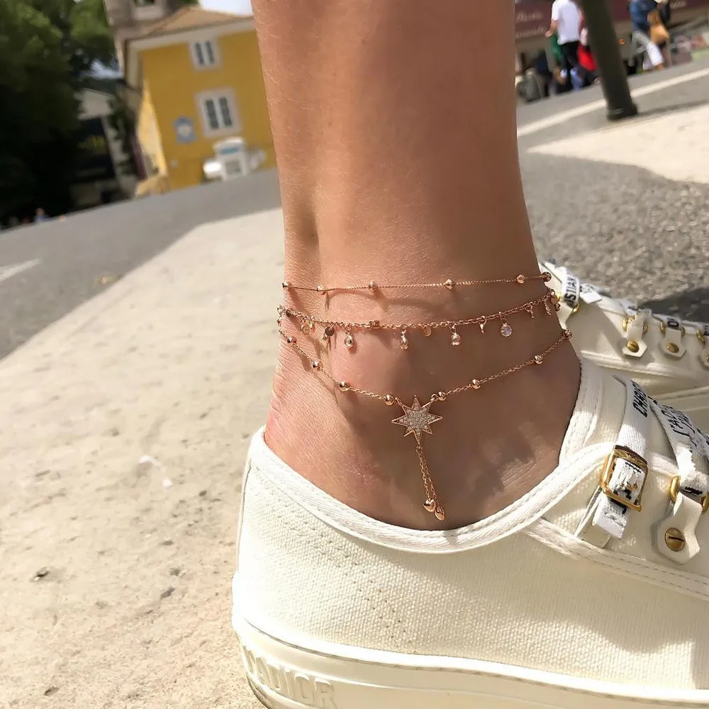 

Womens Ankle Gold Chain Foot Bracelet Gold Multi-layer Disc Anklet With Diamonds Fashionable Seaside Anklet Jewelry Girls Gift