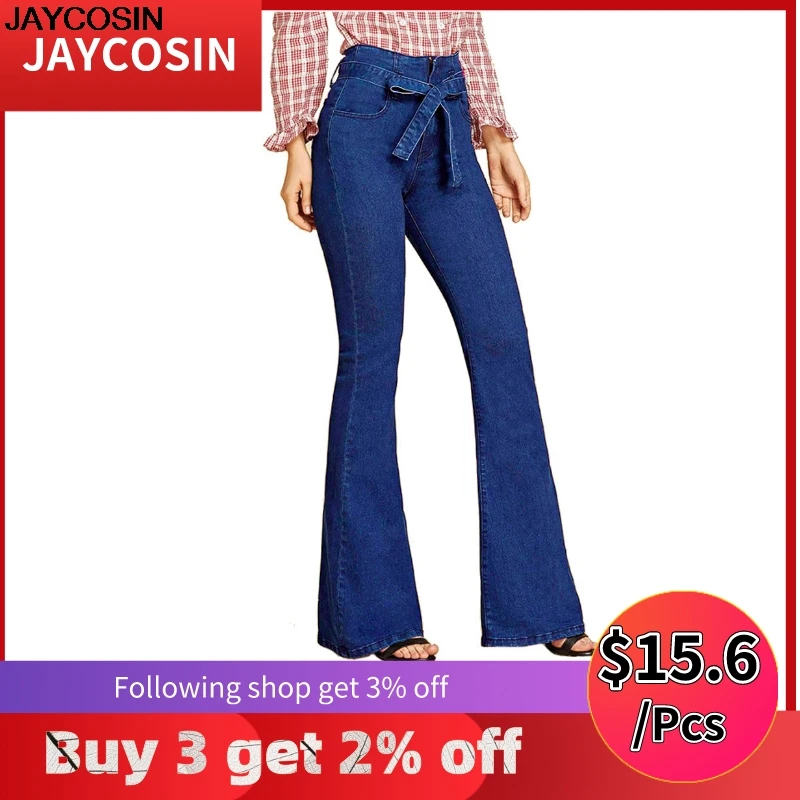 JAYCOSIN, джинсы, длинные, модные, женские, большой размер, на шнуровке, джинсы с высокой талией, стрейчевые, тонкие, сексуальные, расклешенные брюки, джинсы, ткань 9529