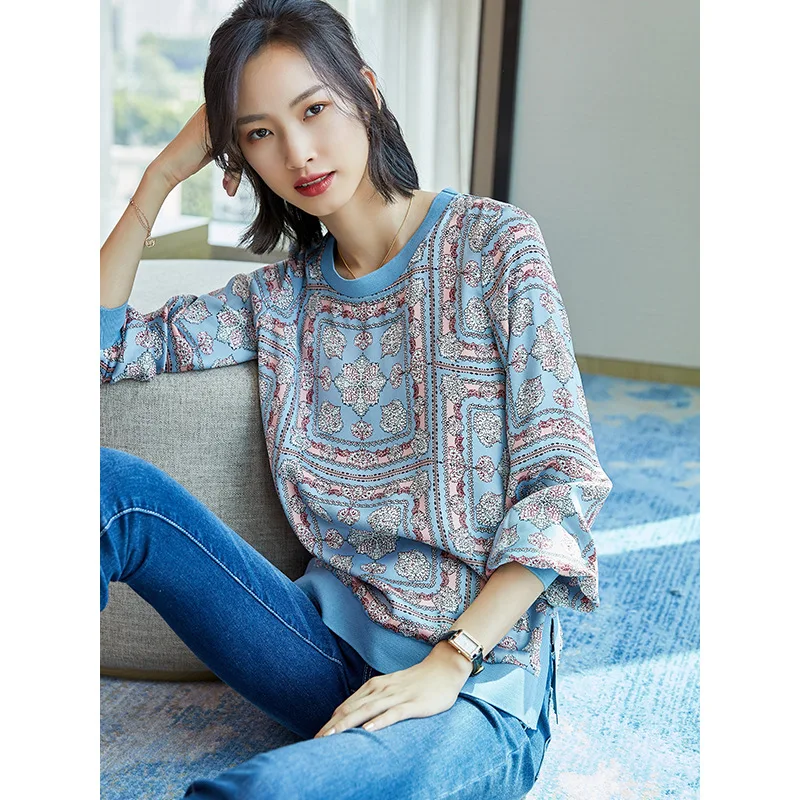 

aliaga spring summer new styles printed patchwork silk top elegant women's long-sleeved crew neck 100% silk shirt