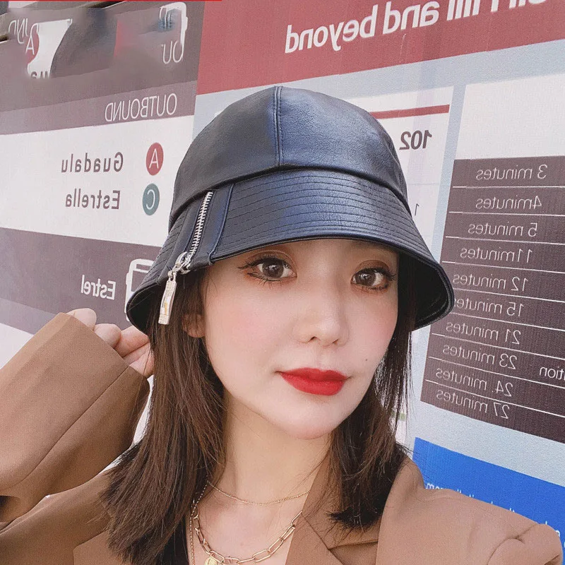 

Fashion Leather Zipper Fishing Cap Winter Casual Bucket Hat Out Sun Protection Bonnie Hat Male Camping Borras for Women Black