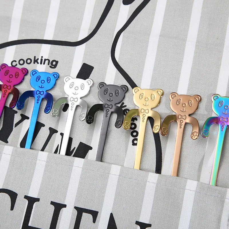 

7Pcs/Set Colorful One Week Spoons 304 Stainless Steel Coffee Spoon Long Handle Cute Bear Tea Ice Spoons Korean Kitchen Tools