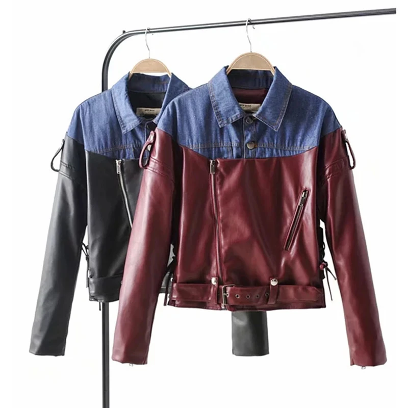 

2019 Fashion Denim Patchwork Pu Leather Jacket Women Spring Autumn Short Casual Coat Female Biker Motorcycle Jacket Women