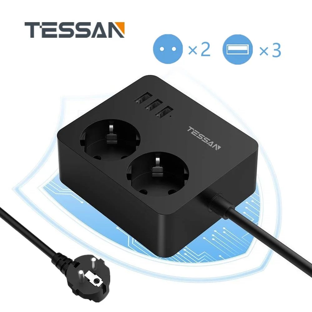 

TESSAN Multi Electrical Socket Power Strip EU Plug with 2 Outlets 3 USB Ports 1.5M/5ft Extension Cord Overload Protection Switch