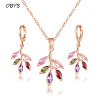 luxury leaf shape necklace earring jewelry sets for women wedding colorful cubic zircon bride drop earrings necklace jewellery