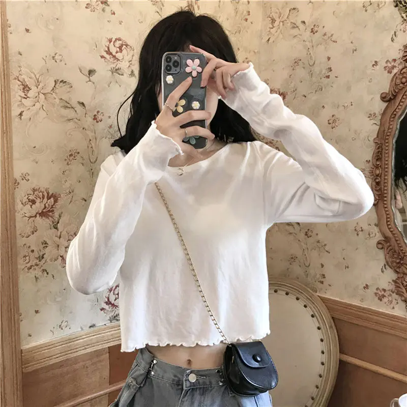 

Tops Fashion White Leaking Umbilical Long Sleeve Women's T-shirts Plain Korean Clothes Autumn Casual Sexy Pulovers O-neck Shirt