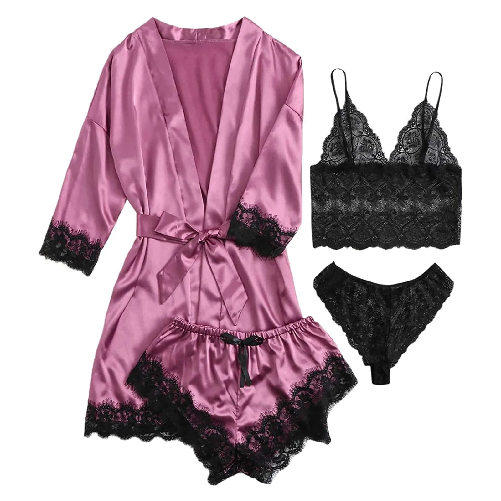 

4-piece Women Home Wear Nightwear Bath Sexy Garter Lingerie Set Robes Lace Bodysuit Deep-v Neck Underwear Home Clothing D4